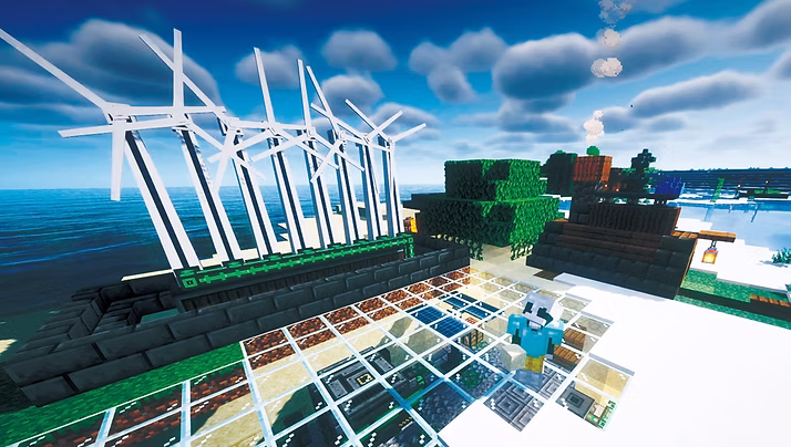 マインクラフトでエネルギー施設を建設する生徒たち